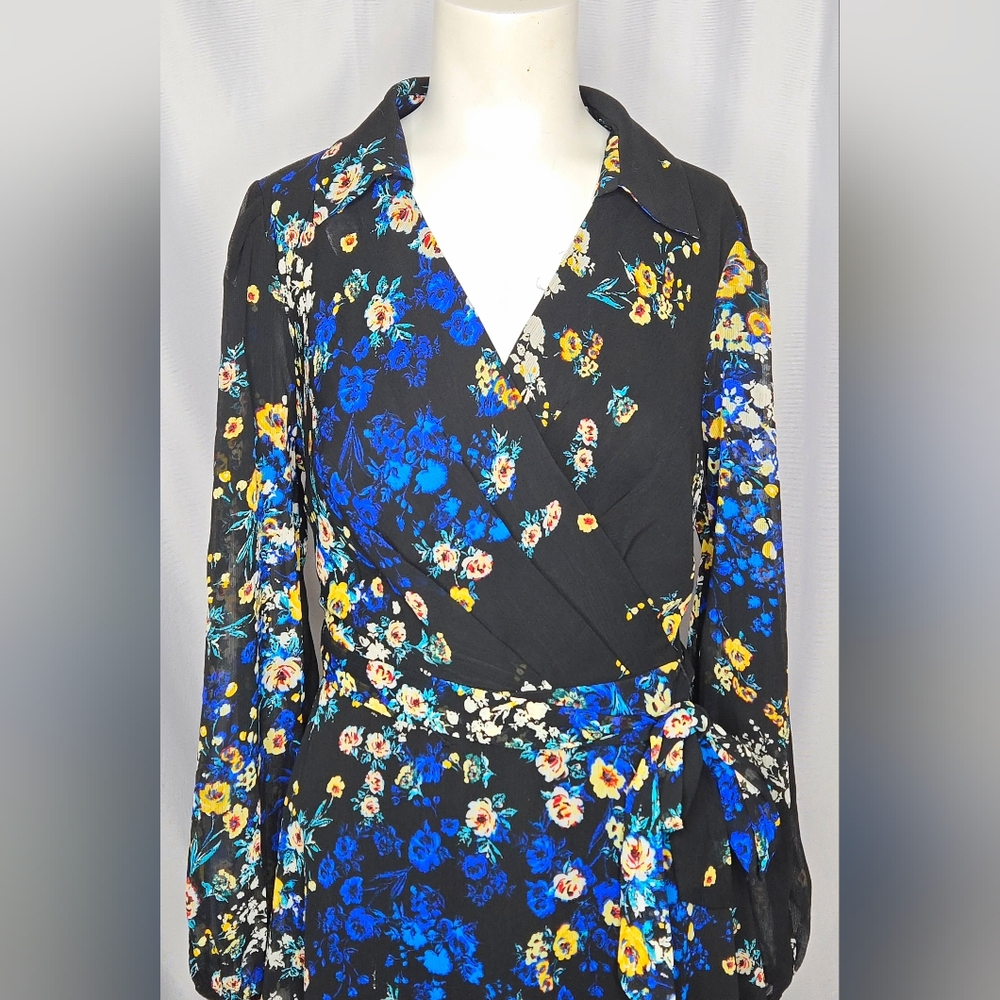 Dkny Black Floral Wrap Dress with Blue & Yellow Accents - Picture 6 of 14